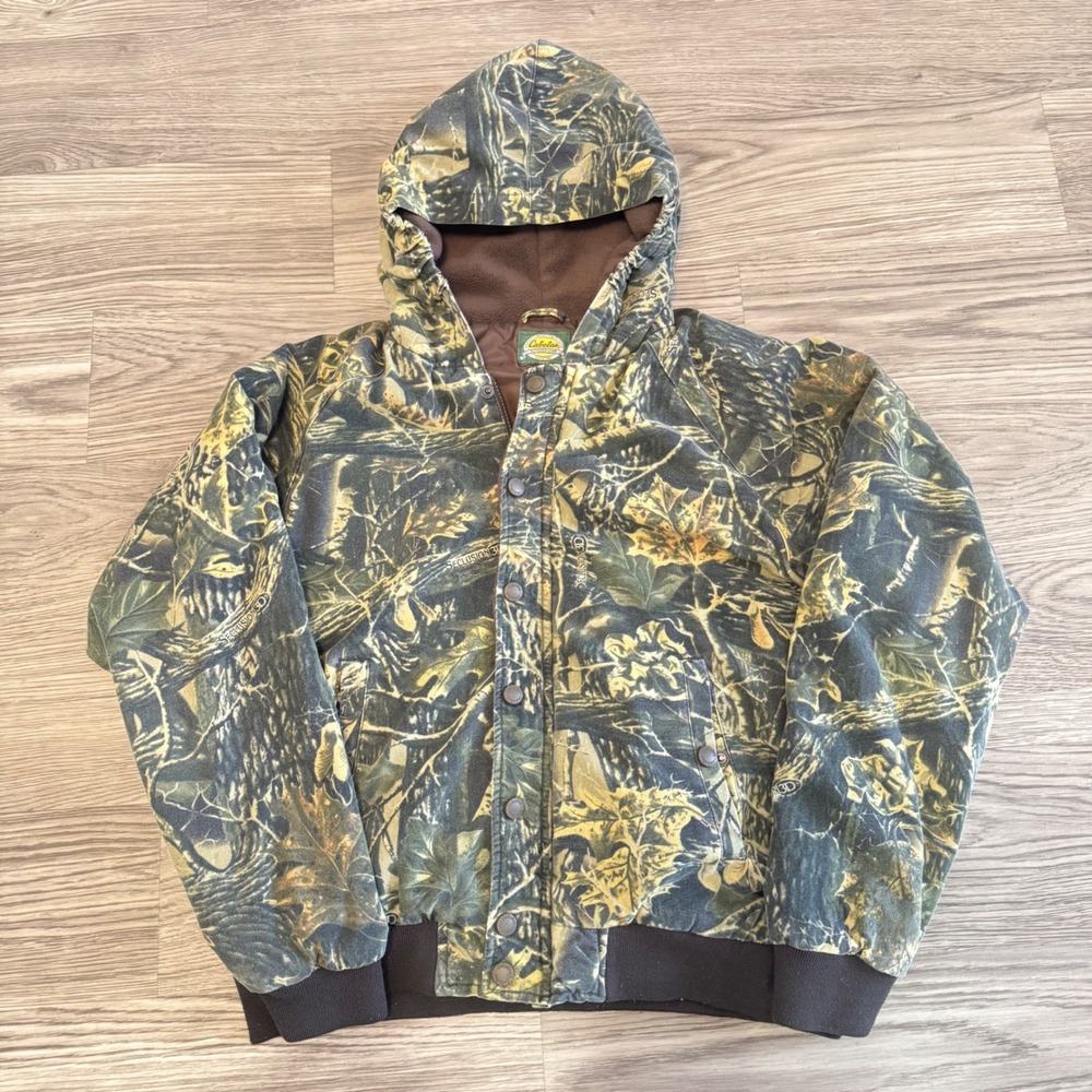 Vintage Cabelas Seclusion 3D Camo Hooded Bomber Jacket Mens S Boys XL